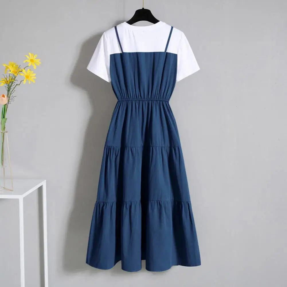 Women's Fake Two-Piece Color Block Summer Dress – Short Sleeve Waist Tight Strap Dress