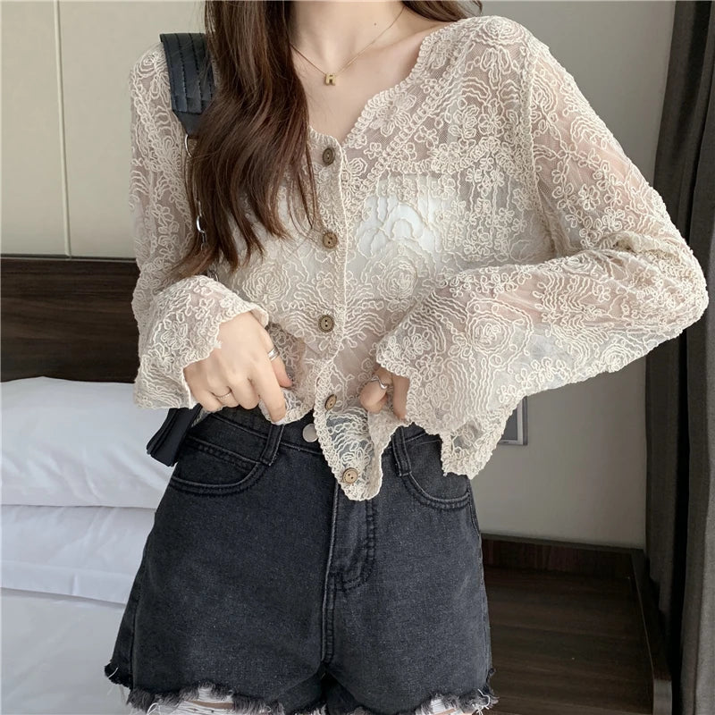 Women's Vintage Sheer Lace Blouse – Long Sleeve See-Through Sun Shirt Korean Style Casual Top