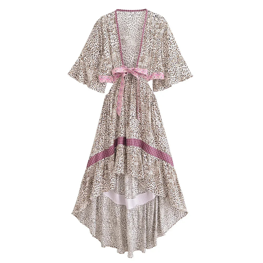 Bohemian Hollow Out Beach Dress — Short Sleeve High-Low Boho Maxi Dress
