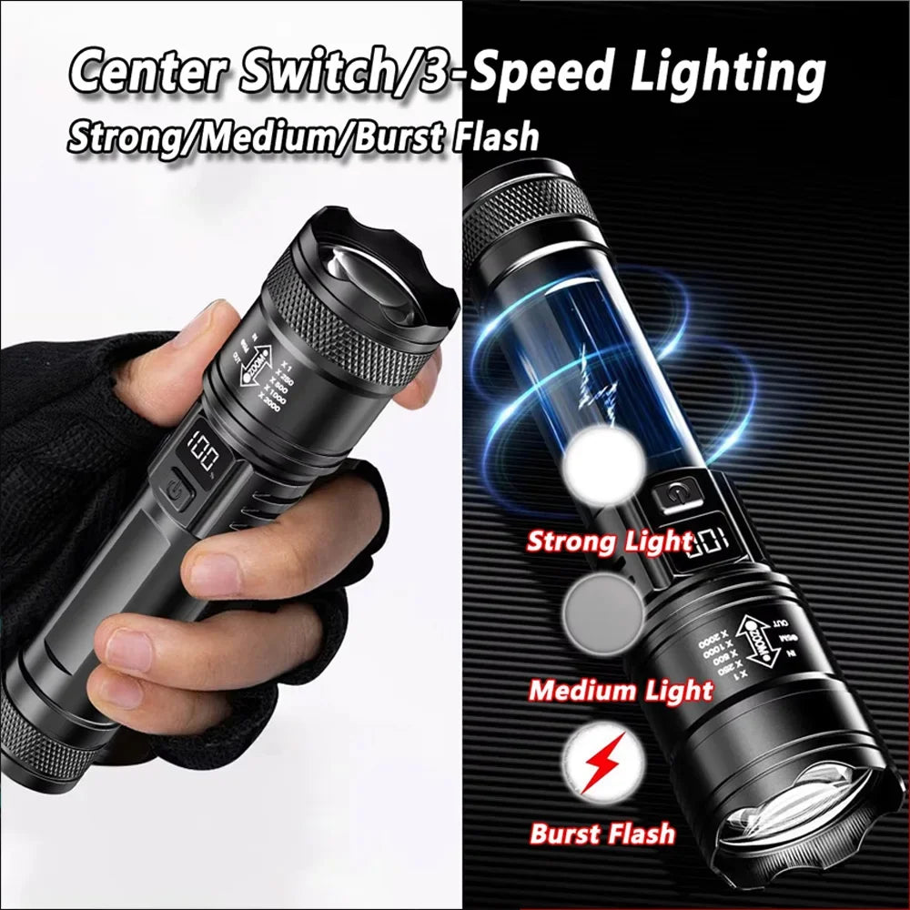 100000LM Super Bright Rechargeable LED Flashlight – Long Range Waterproof Camping Torch