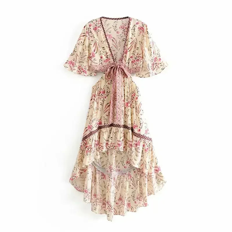 Bohemian Hollow Out Beach Dress — Short Sleeve High-Low Boho Maxi Dress