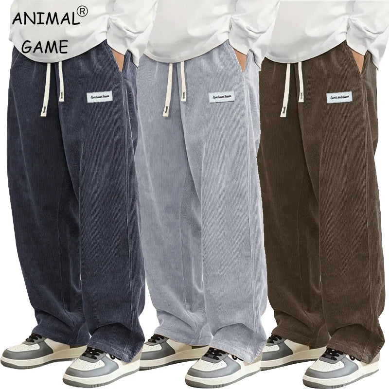 Men's Corduroy Elastic Waist Casual Pants — Relaxed Fit Textured Trousers