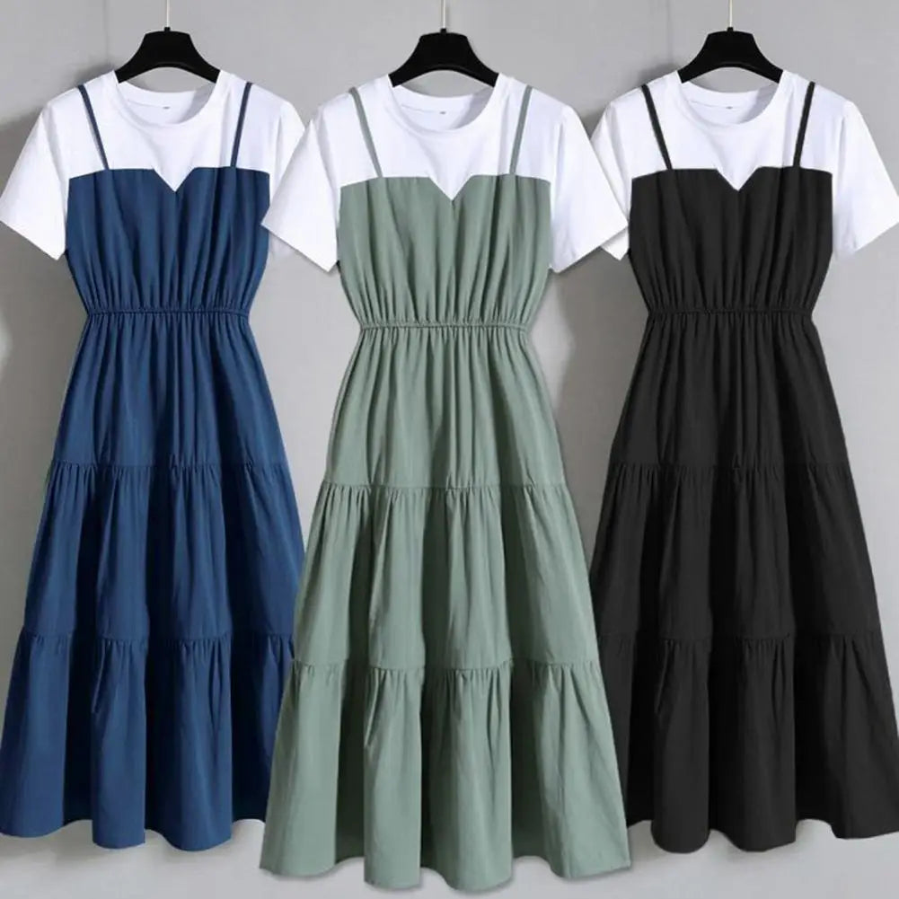 Women's Fake Two-Piece Color Block Summer Dress – Short Sleeve Waist Tight Strap Dress