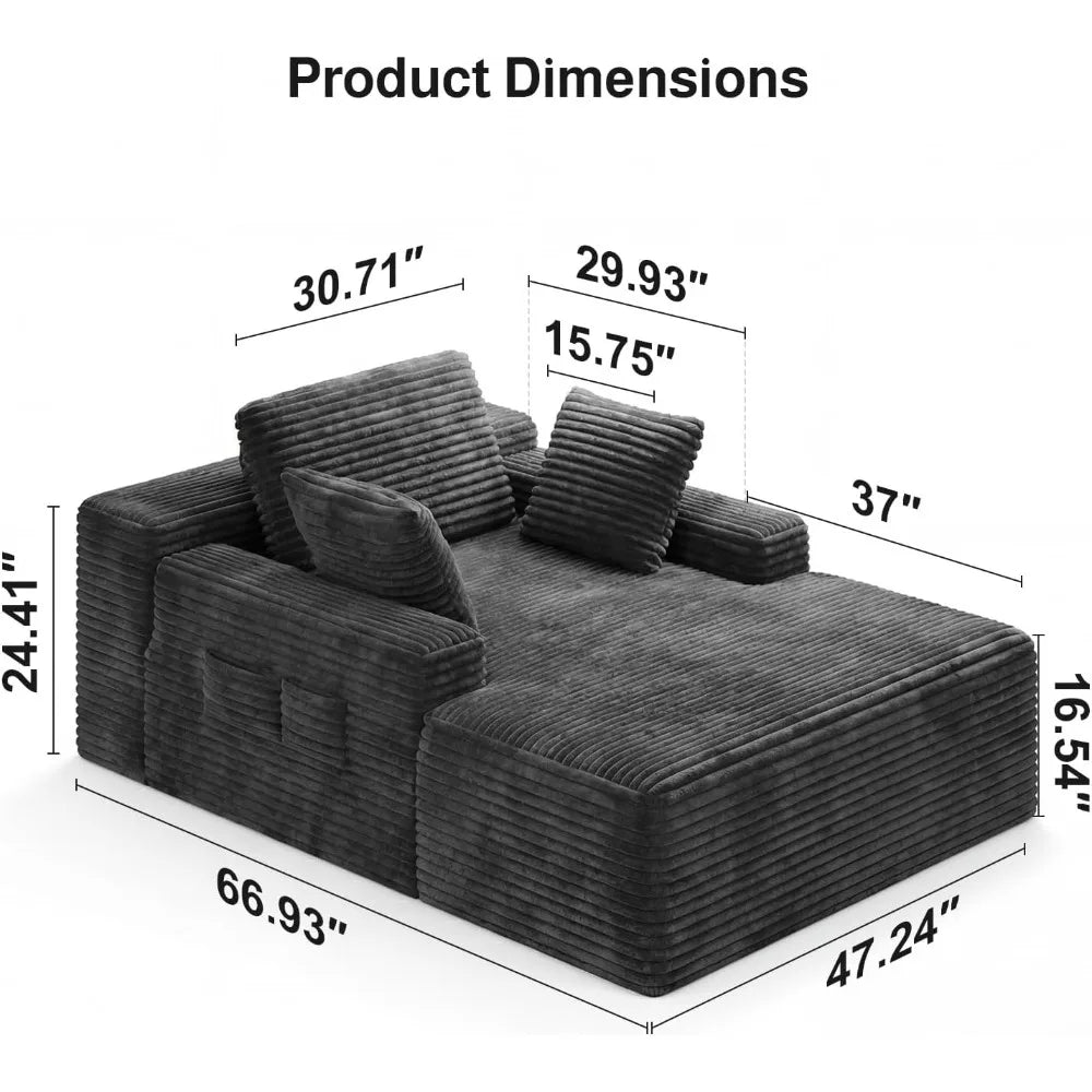 67-Inch Gray Corduroy Chaise Lounge with 3 Pillows