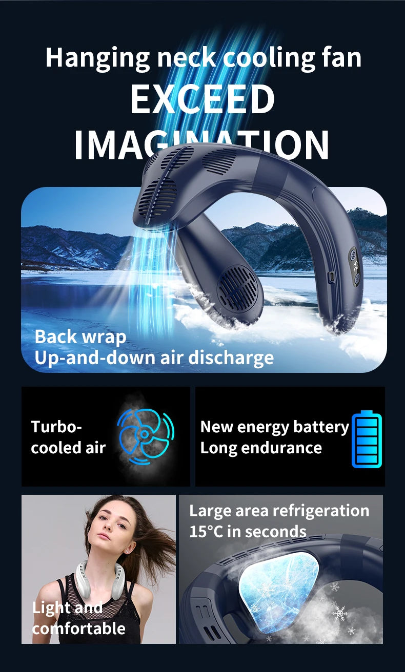 Portable Neck Fan 5200mAh — Rechargeable Semiconductor Cooling Wearable Neck Air Conditioner