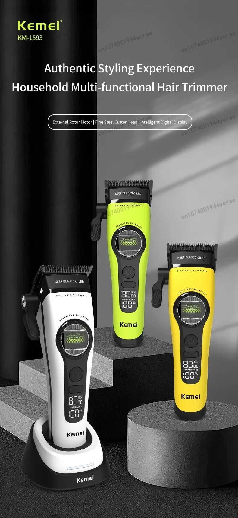 Kemei KM-1593 / KM-1595 Brushless Hair Clipper – DLC Blade, 8000 RPM, 200-Min Runtime, USB-C