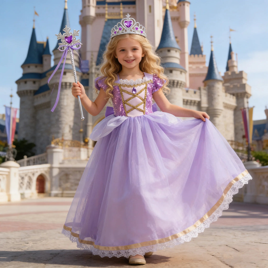 Girls Rapunzel Princess Costume Dress — Purple Puffy Halloween & Birthday Party Dress