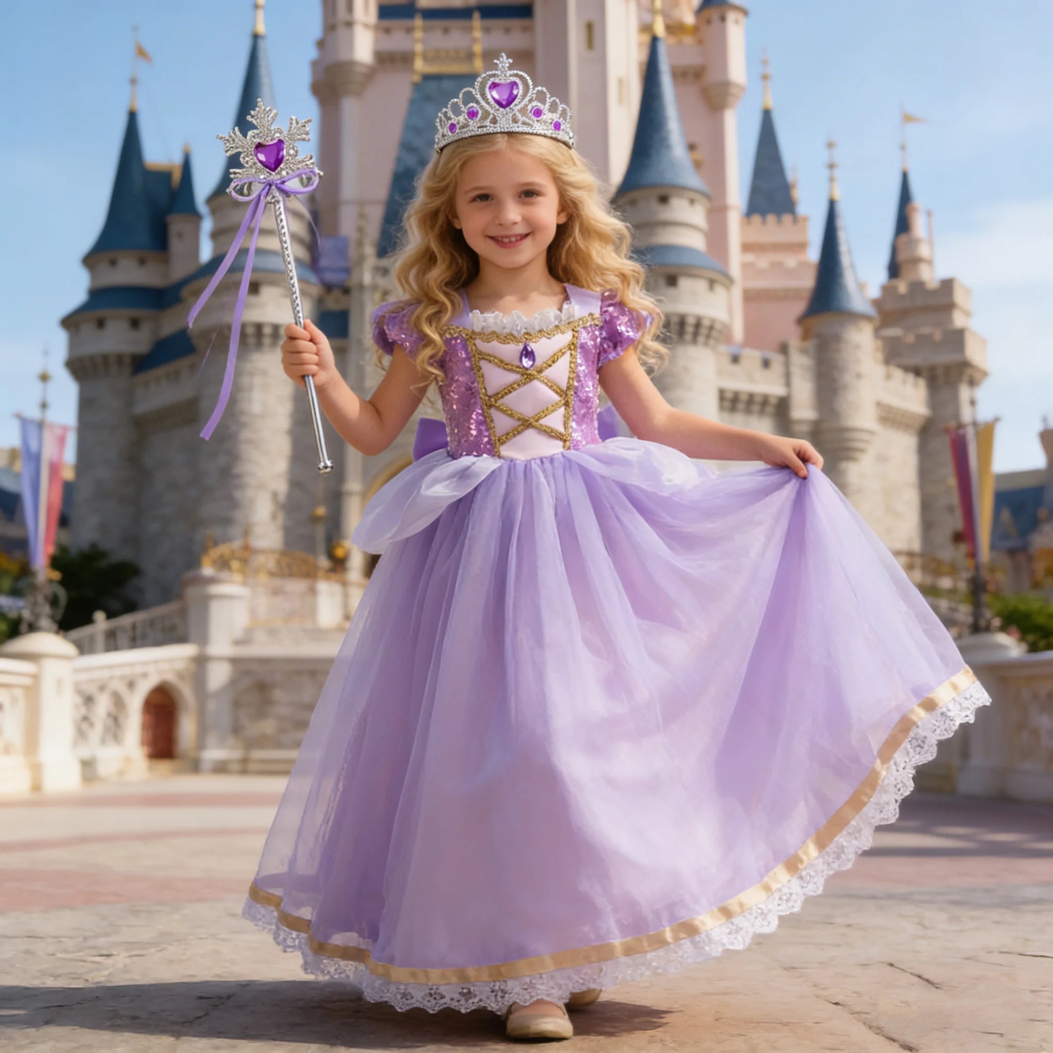 Girls Rapunzel Princess Costume Dress — Purple Puffy Halloween & Birthday Party Dress
