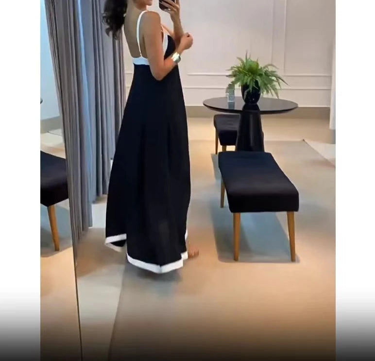 Black & White Contrast V-Neck Sleeveless Loose Long Dress — Elegant Casual Summer Dress