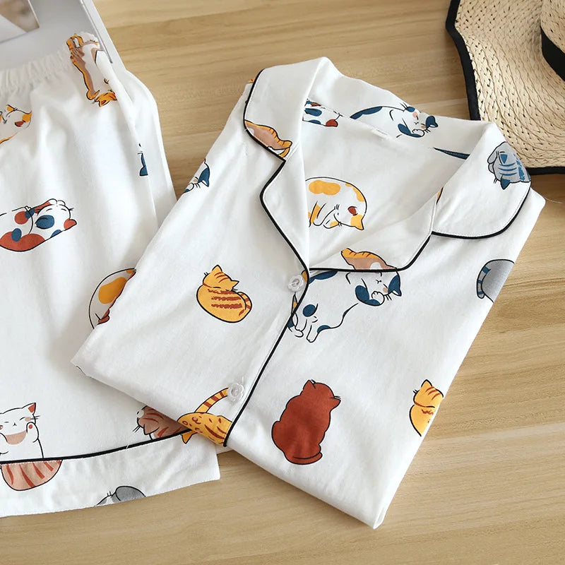 Women's Japanese Style 100% Cotton Cartoon Pajama Set | Short Sleeve & Shorts Sleepwear