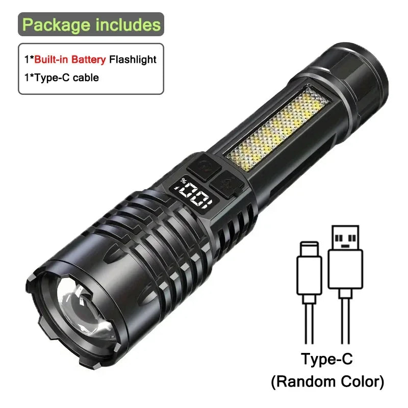 1000 Lumen LED Flashlight with COB Side Lamp – Type-C Rechargeable, 7 Modes, IPX5 Waterproof