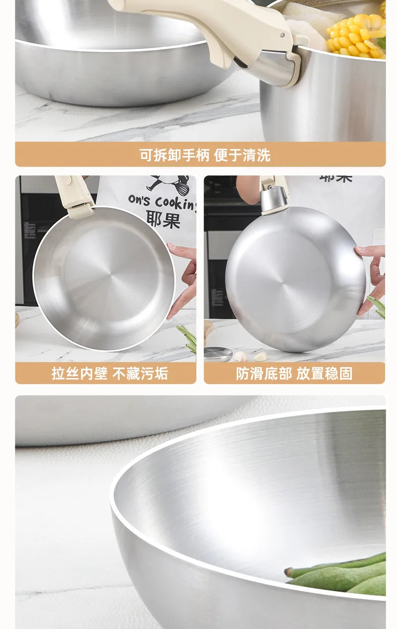 Pot and Cooking Set 316 Stainless Steel Household Full Set Six-Piece Pot Set, Detachable Handle, Uncoated Frying and Frying Wok
