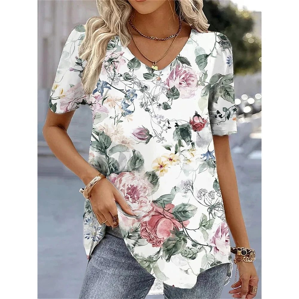 Women's 3D Flower Print V-Neck T-Shirt – Kawaii Oversized Summer Top & Blouse
