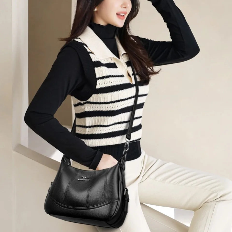 VANDERWAH Genuine Leather Two-Layer Flap Shoulder Bag – Luxury Crossbody Messenger Handbag for Women