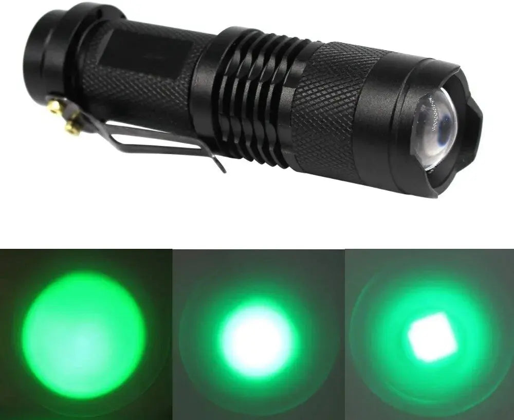 Portable LED Flashlight | Green, Blue & Red Light, Adjustable Focus, 160 Lumens, Waterproof Aluminum Pocket Torch