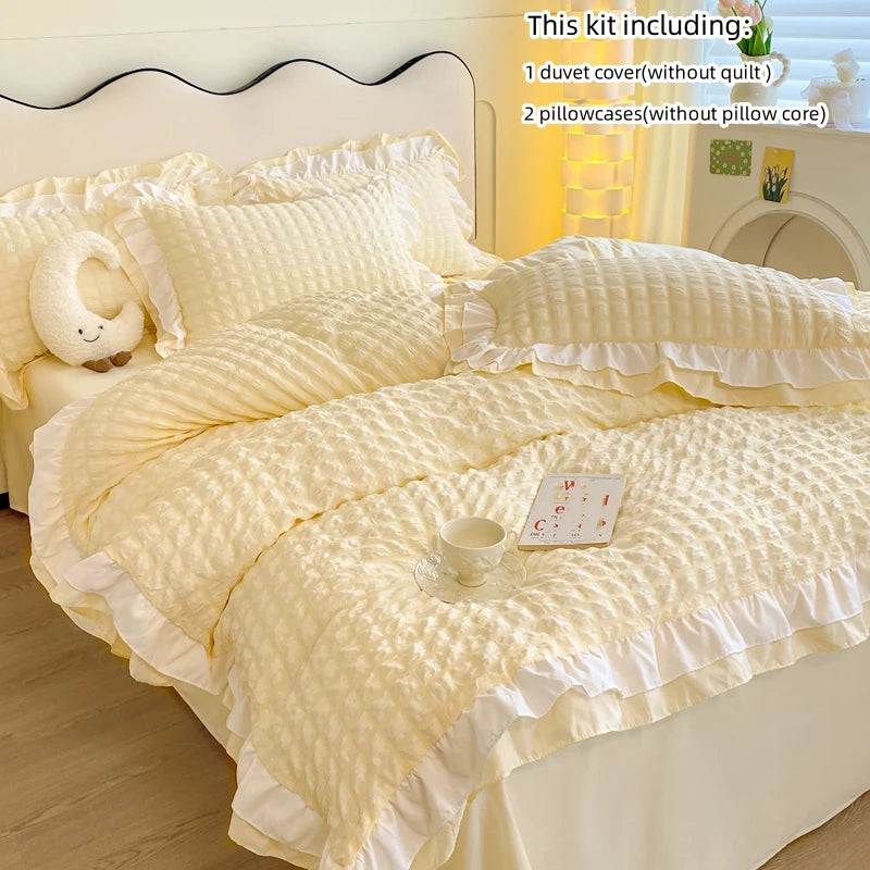 Korean Seersucker Lace Duvet Cover Set – 3-Piece Bedding, 3 Colors & 10 Sizes