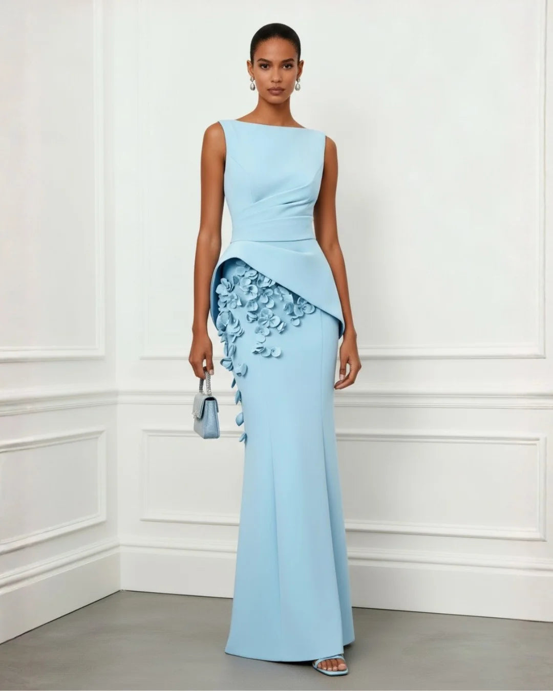 Off-Shoulder Satin Mermaid Formal Prom Gown — Long Sleeve Floor-Length Customized Dress