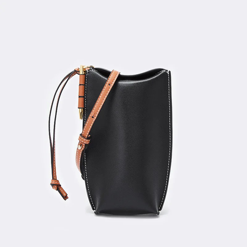 100% Genuine Cowhide Leather Mini Baguette Crossbody Bag – Phone Shoulder Bag for Women