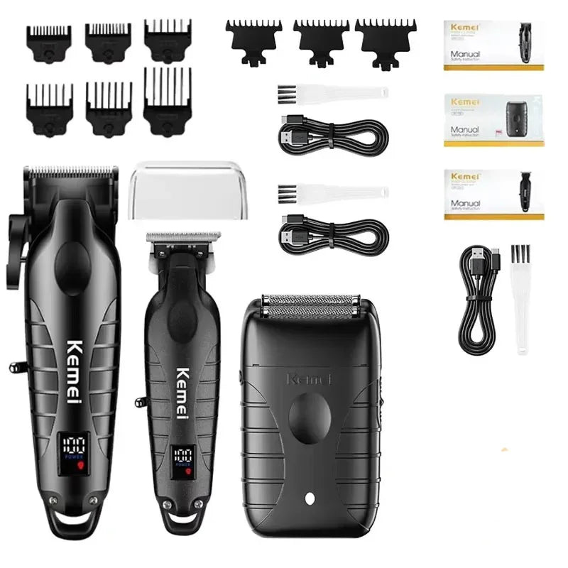 Kemei Professional Hair Clipper & Beard Trimmer – LCD Display, Wet/Dry, USB Fast Charge