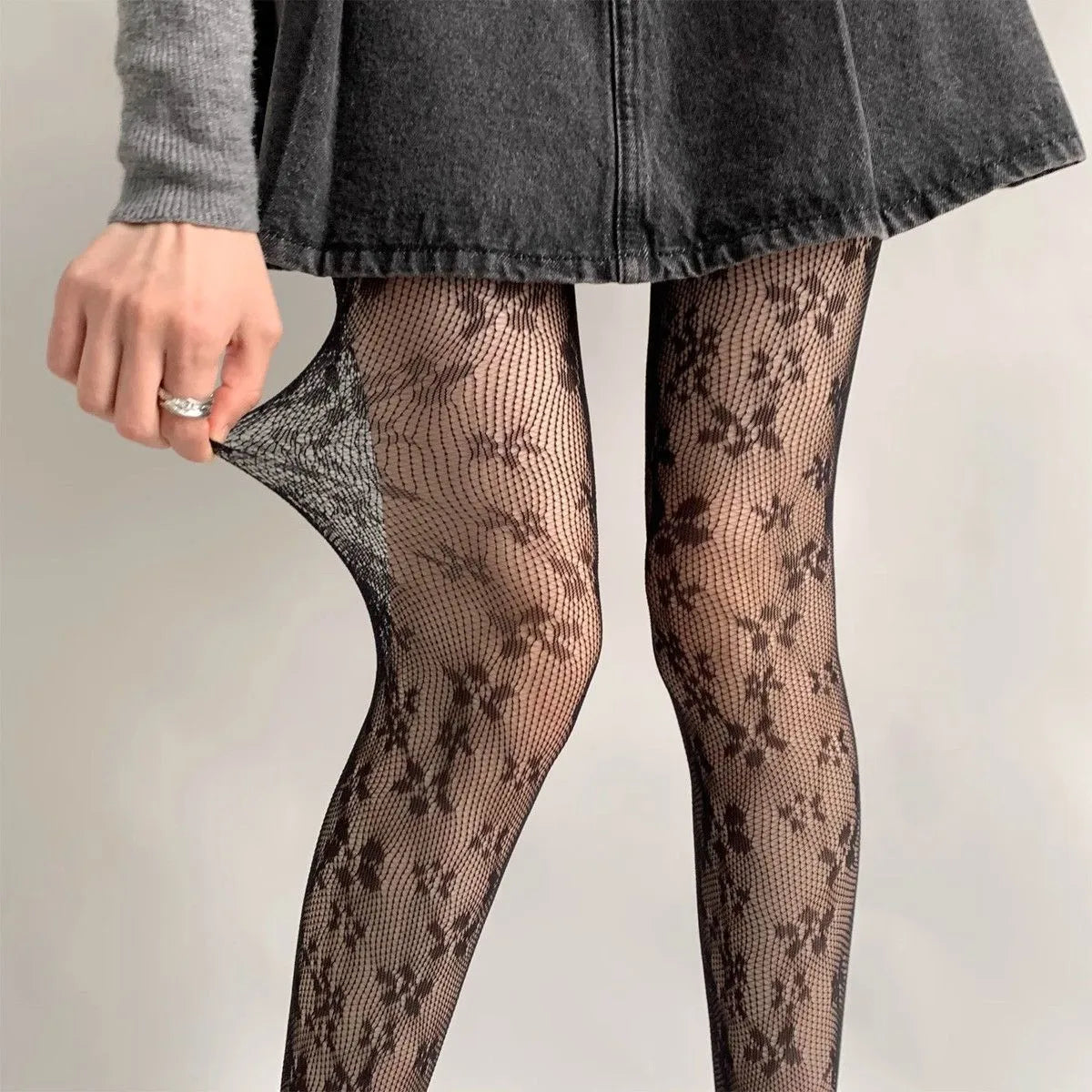 Lolita Floral Thigh-High Fishnet Stockings — Sheer Patterned Hosiery