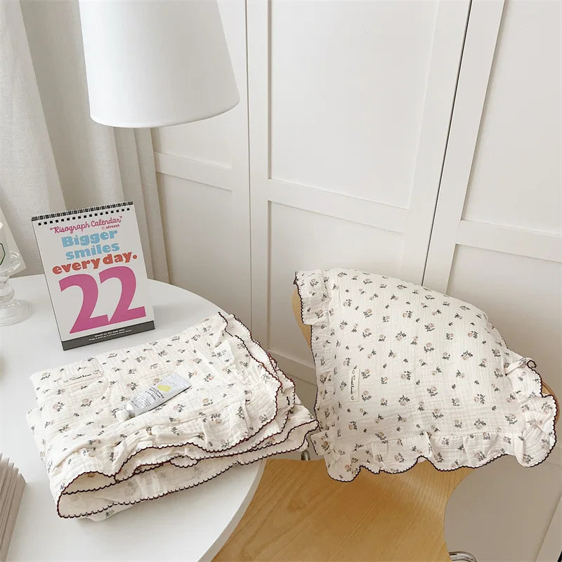 Princess Ruffle Bedding Set – 100% Cotton Gauze Duvet Cover with Pillowcases, Floral, 3-Piece