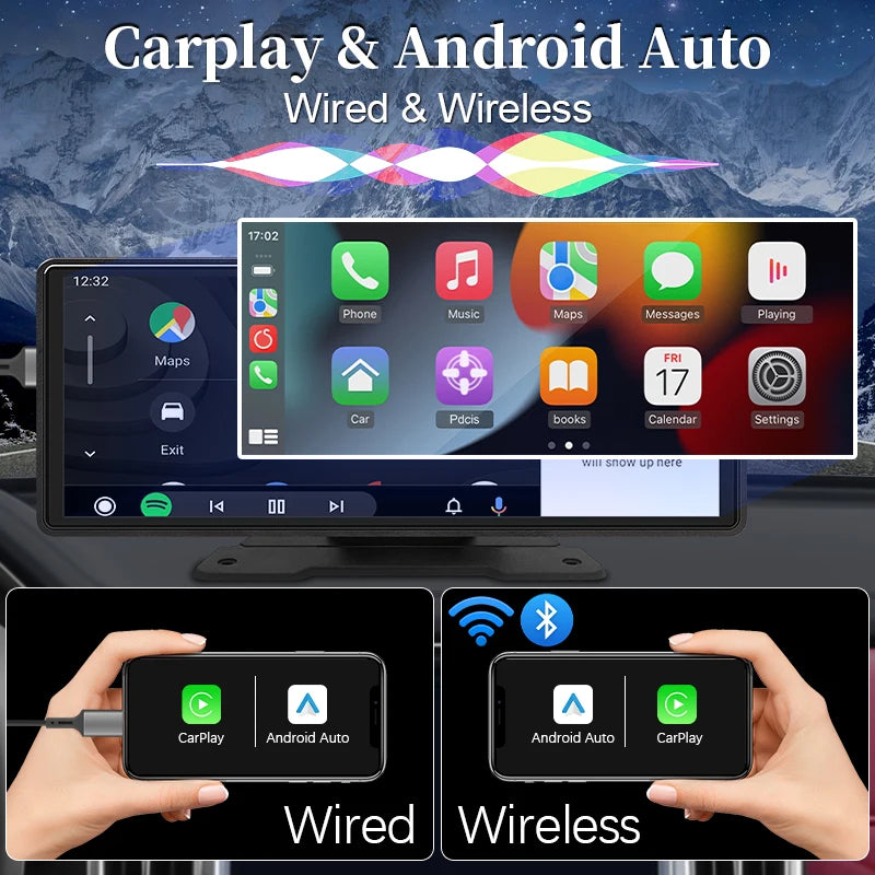 10.26" Car Mirror Screen – Wireless CarPlay & Android Auto, Bluetooth, AUX, USB | Universal Fit
