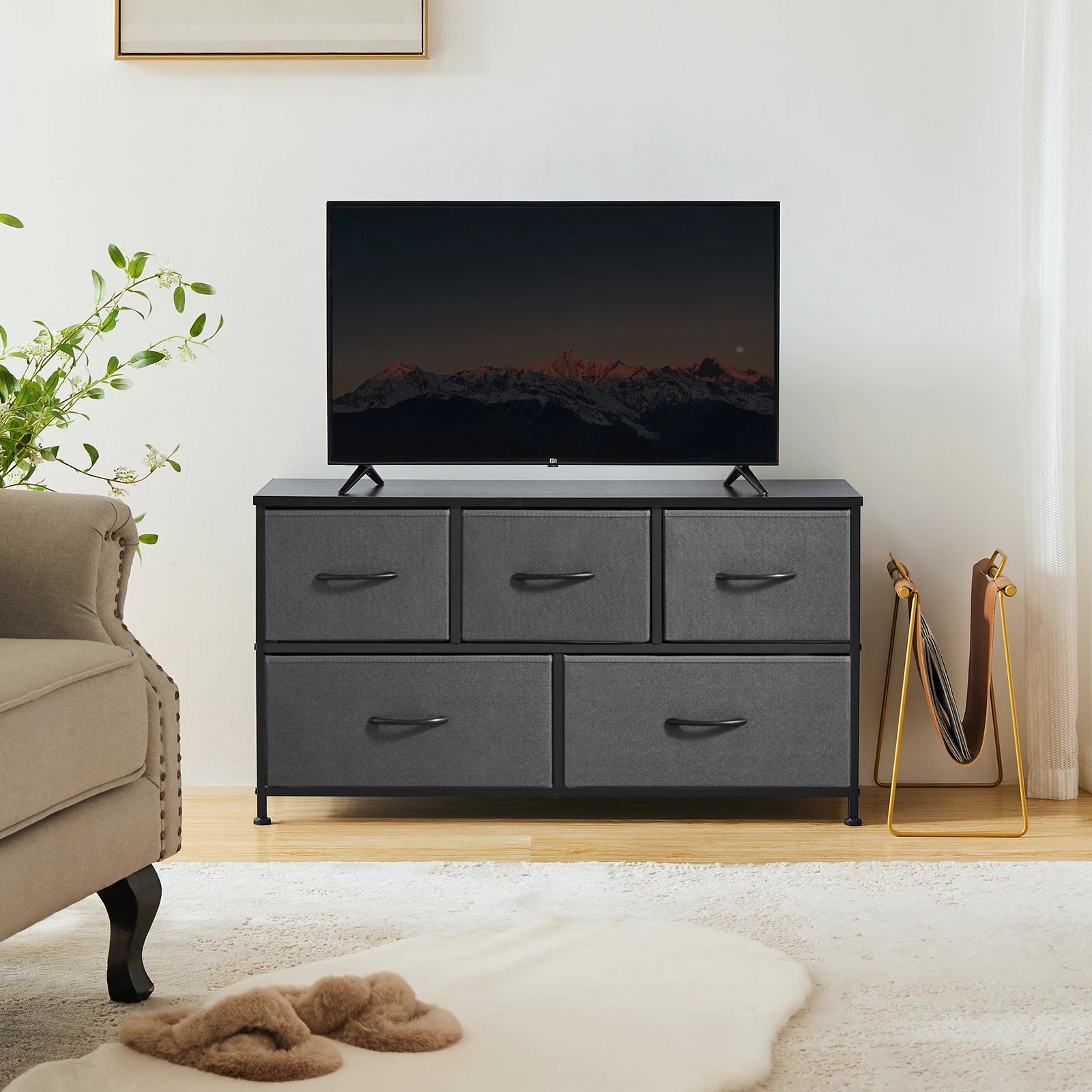 5-Drawer Fabric Dresser with Wooden Top & Metal Frame — Bedroom & Living Room Storage