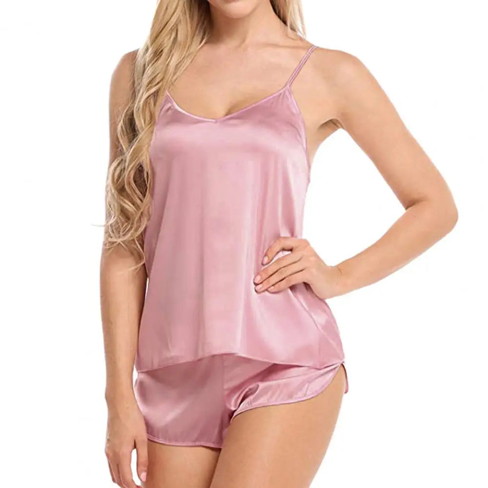 Low Cut Vest & Shorts Sleepwear Set — Solid Color Summer Nightwear