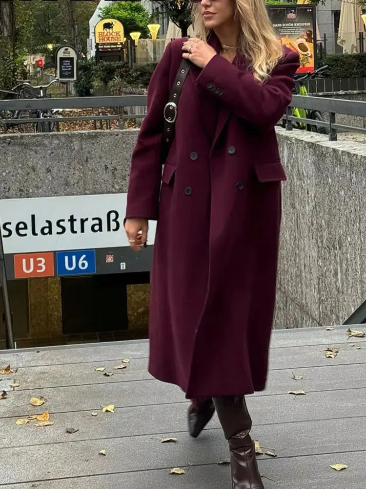 Women's Double-Breasted Wool Blend Long Coat – High Street Autumn Winter Outerwear
