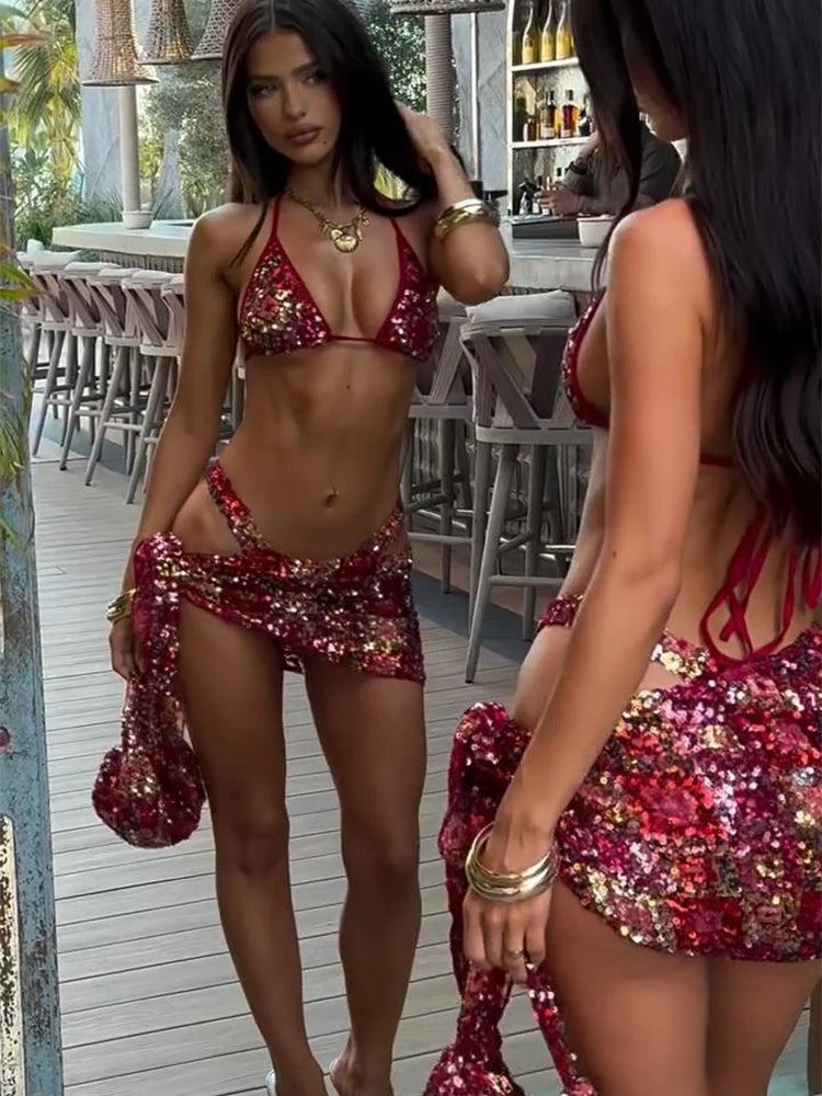 Sexy Sequin Bikini Skirt Set | Backless Halter, Lace-Up, Slim Mini Skirt, 2025 Summer Beach Suit