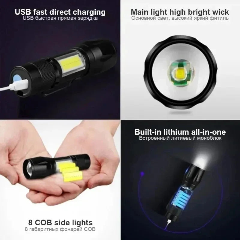 USB Rechargeable Mini Zoomable Flashlight – COB+XPE 3-Mode Torch in Single & Multi-Packs