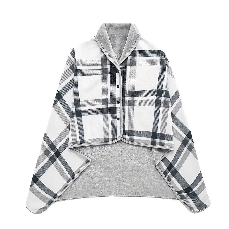 Wearable Plaid Fleece Blanket with Button – Thick Warm Throw for Sofa, Bed, Travel & Office