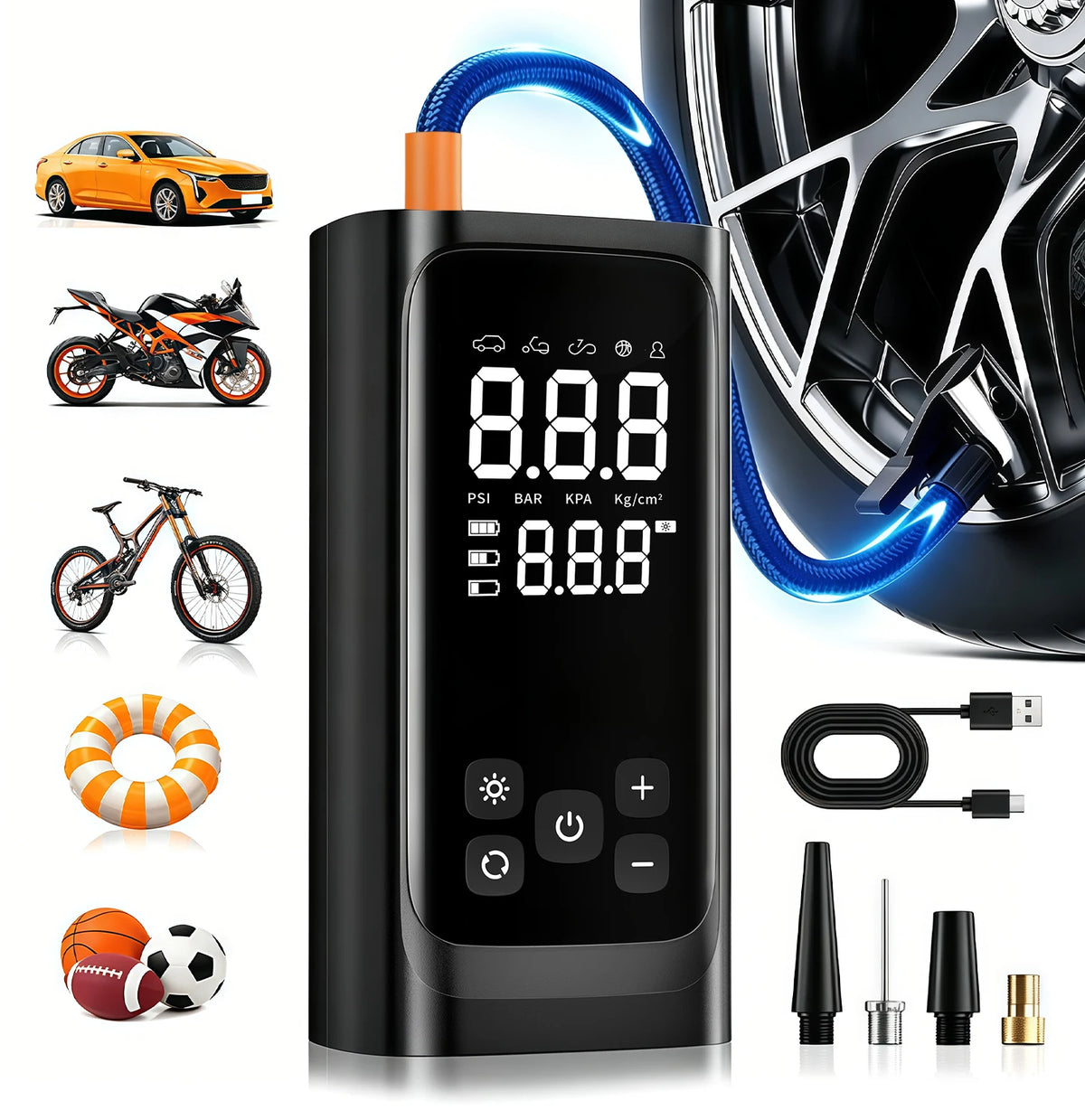 Cordless Tire Inflator with Gauge and LED Light, 150 PSI