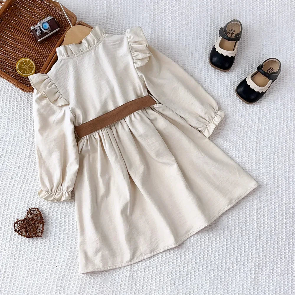 Girls Long Sleeve Stand Collar Dress — Solid Color Casual Dress (3–7 Years)
