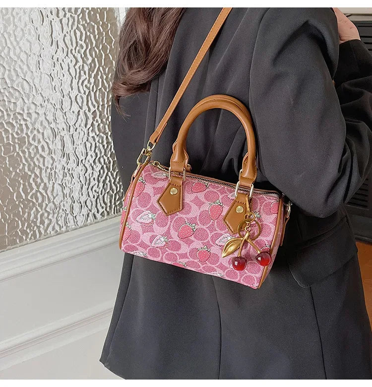 Cherry Print PU Leather Boston Crossbody Shoulder Bag – Luxury Designer Handbag for Women