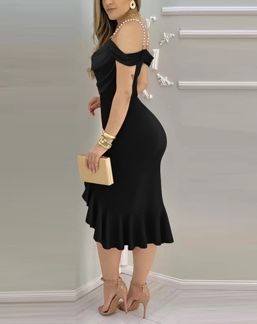 Off Shoulder Ruffle Hem Slit Midi Dress — Sexy Formal Cocktail & Wedding Guest Dress