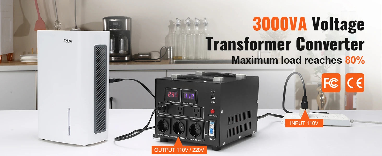 Heavy Duty Voltage Converter Transformer — 2000VA/3000VA/5000VA Step Up/Down, US & EU Outlets