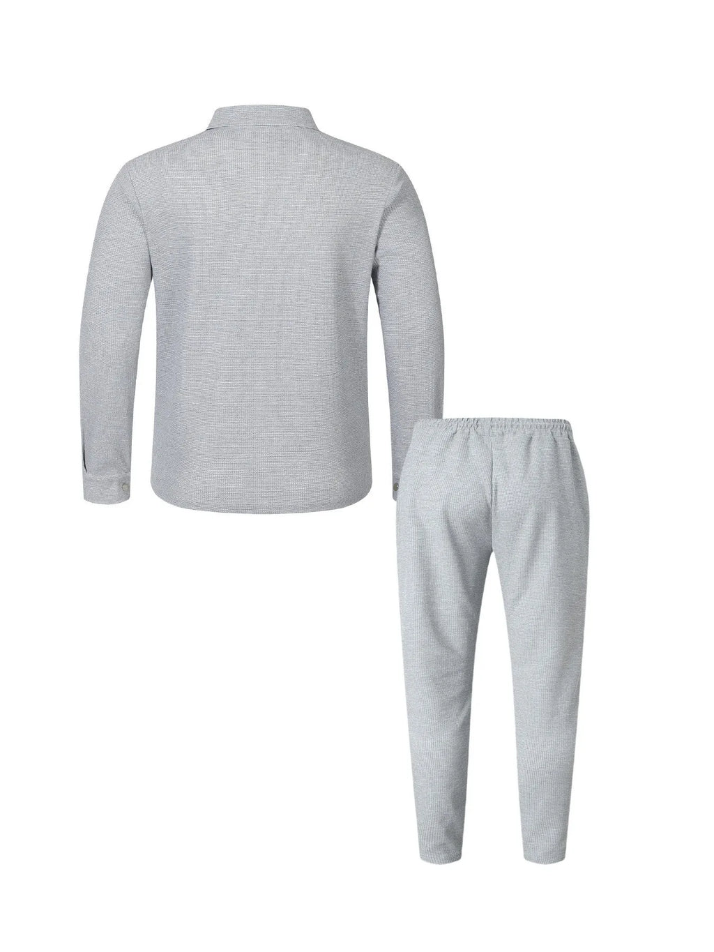 Men's Waffle Knit Button-Down Long Sleeve Jacket & Pants Set – Plain Color Casual Suit