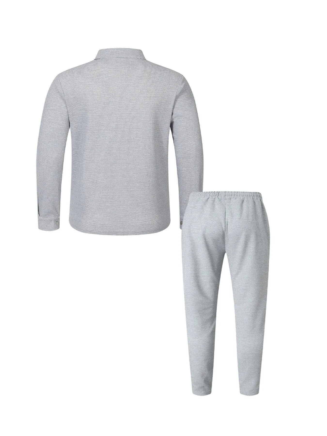 Men's Waffle Knit Button-Down Long Sleeve Jacket & Pants Set – Plain Color Casual Suit