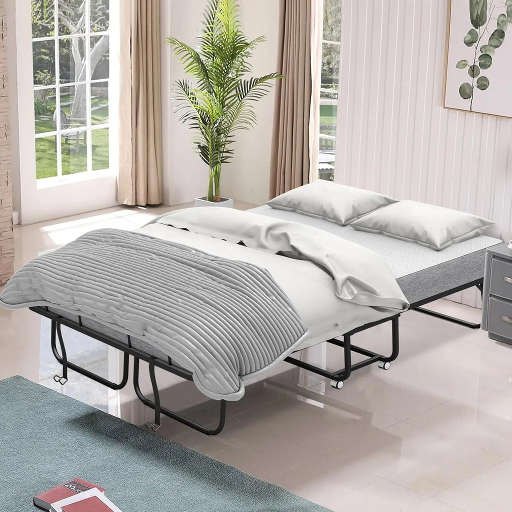 Full Size Folding Rollaway Guest Bed with Mattress – 75"x54", Space-Saving Fold-Up Design