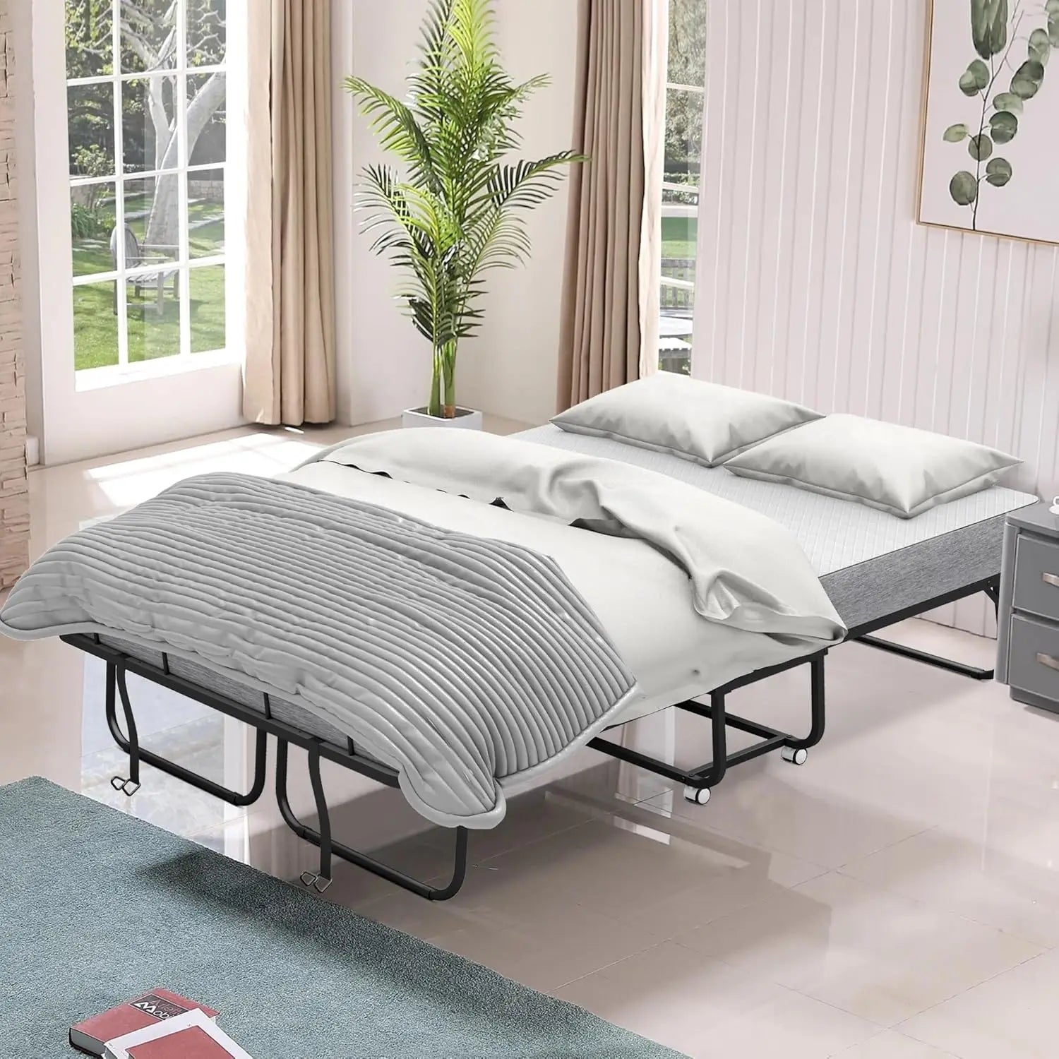 Full Size Folding Rollaway Guest Bed with Mattress – 75"x54", Space-Saving Fold-Up Design