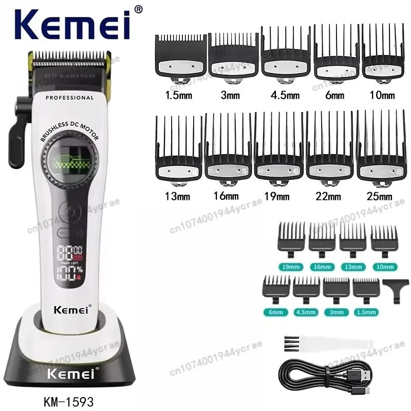 Kemei KM-1593 / KM-1595 Brushless Hair Clipper – DLC Blade, 8000 RPM, 200-Min Runtime, USB-C