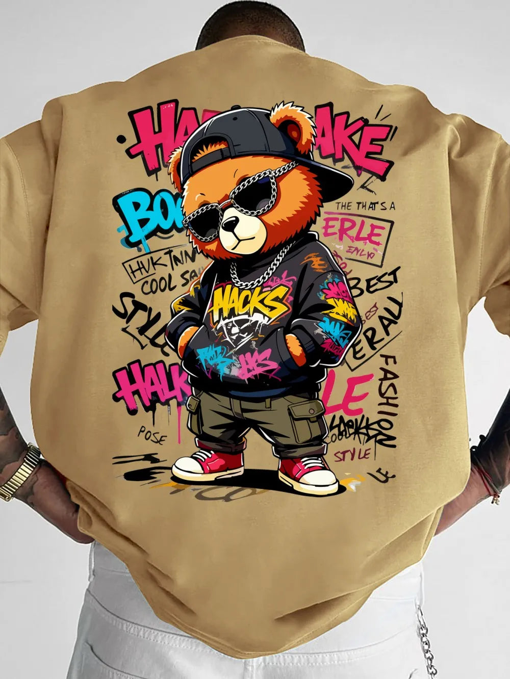 Teddy Bear Graffiti Print T-Shirt — Men's Breathable Round Neck Street Style Top