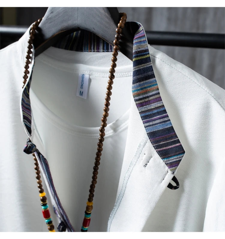 Men's 100% Cotton Linen Short Sleeve Shirt & Drawstring Pants Set