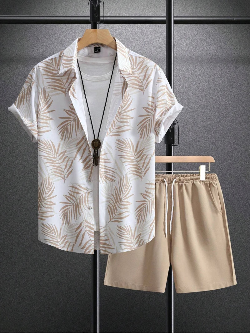 Men's Elegant Plant Print Lapel Shirt & Drawstring Shorts Set – Leisure Summer 2-Piece Suit