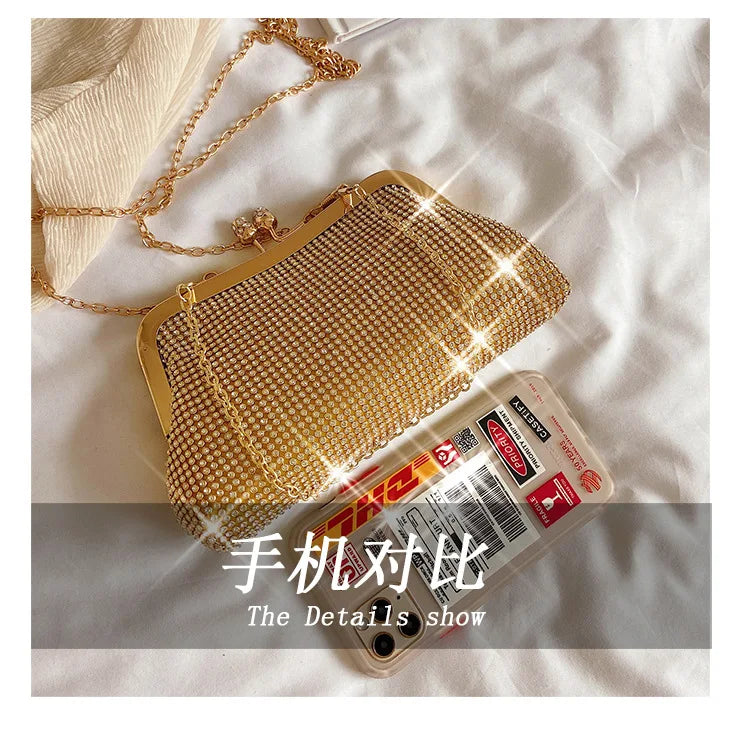 Golden Metal Bow Evening Clutch Bag – Shiny Bridal Chain Shoulder Bag for Wedding & Party