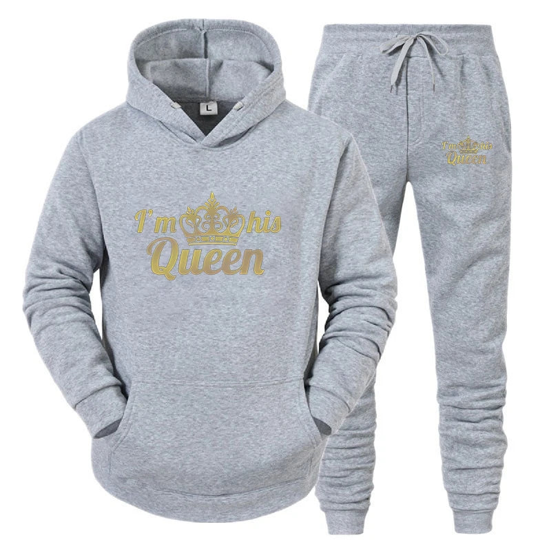 King & Queen Print Hoodie & Pants Set – Couple Autumn Winter Long Sleeve 2-Piece Suit