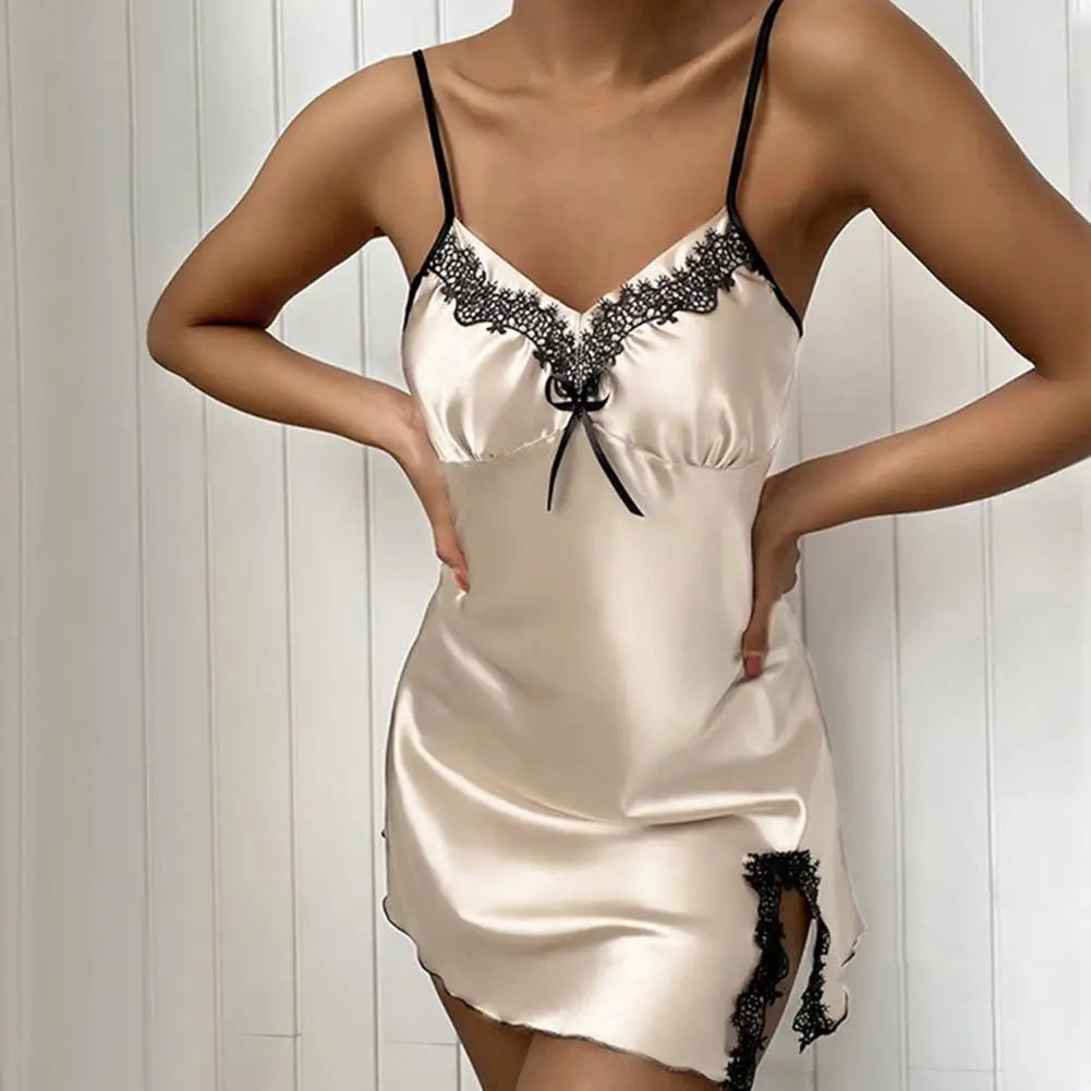 Silky Satin Spaghetti Strap Sleep Dress — Deep V Nightgown