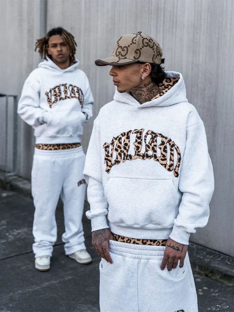 Y2K Leopard Embroidered Hoodie & Sweatpants Set – Trendy Casual Sport Unisex