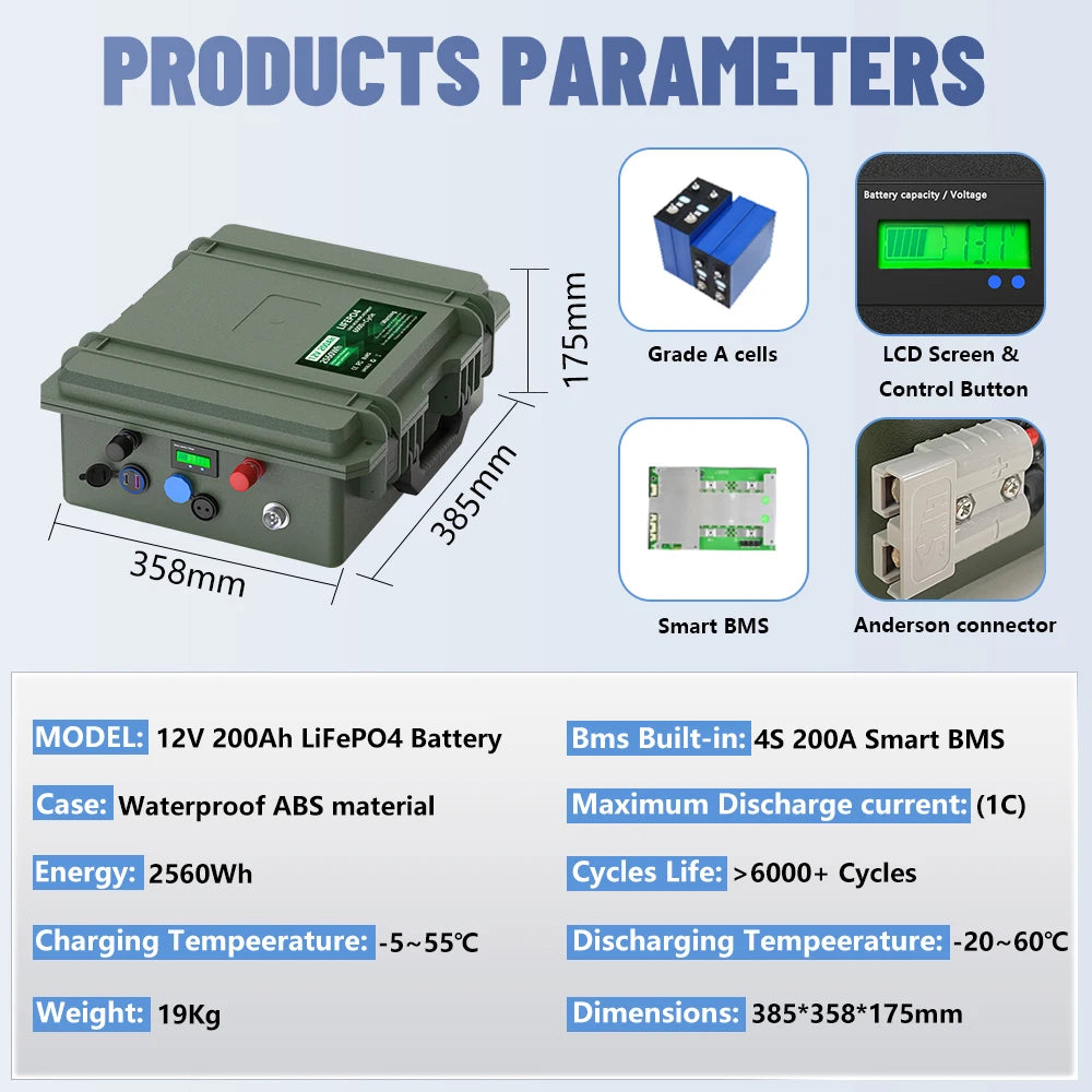 LiFePO4 12V 200Ah Deep Cycle Battery — Built-In BMS for Solar, RV & Marine